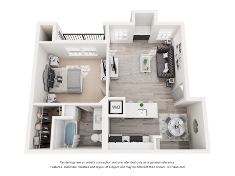 Floor plan for 1 bed, 1 bath, 623 sqft